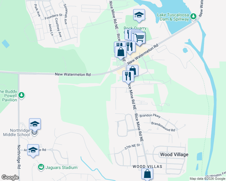 map of restaurants, bars, coffee shops, grocery stores, and more near 1601 Cedarbrook Drive in Tuscaloosa