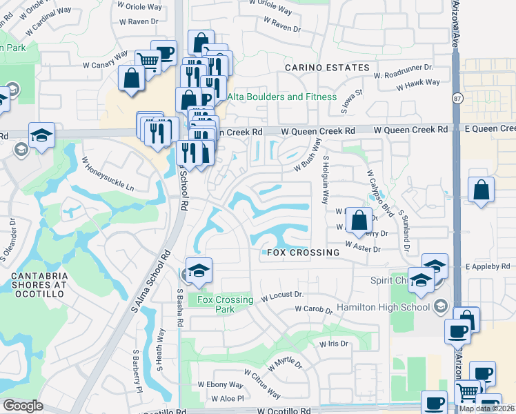 map of restaurants, bars, coffee shops, grocery stores, and more near 775 West Desert Broom Drive in Chandler