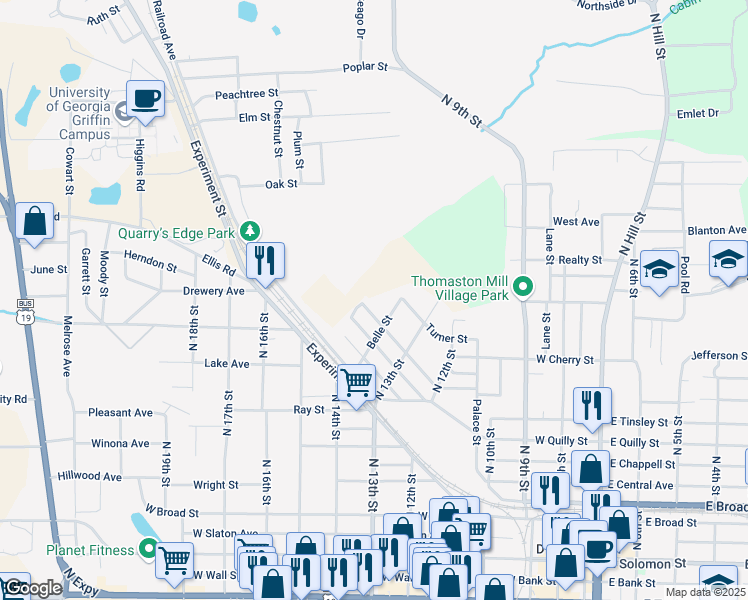 map of restaurants, bars, coffee shops, grocery stores, and more near 517 Belle Street in Griffin