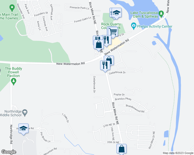 map of restaurants, bars, coffee shops, grocery stores, and more near 1625 Cedarbrook Drive in Tuscaloosa