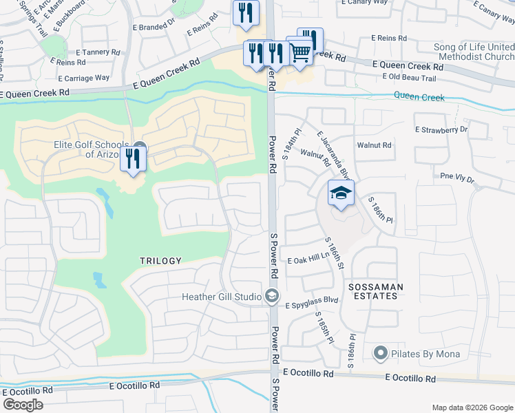 map of restaurants, bars, coffee shops, grocery stores, and more near 5090 South Ranger Trail in Gilbert
