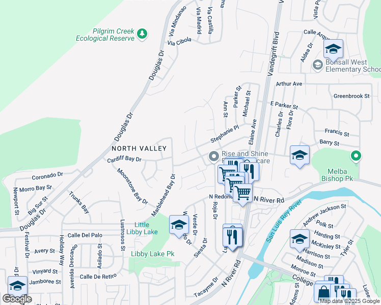 map of restaurants, bars, coffee shops, grocery stores, and more near 4791 Stephanie Place in Oceanside