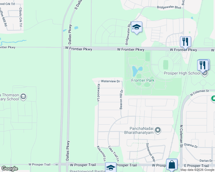 map of restaurants, bars, coffee shops, grocery stores, and more near 940 Sabine Drive in Prosper