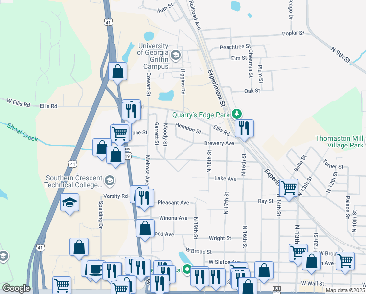 map of restaurants, bars, coffee shops, grocery stores, and more near 617 Drewery Lane in Griffin