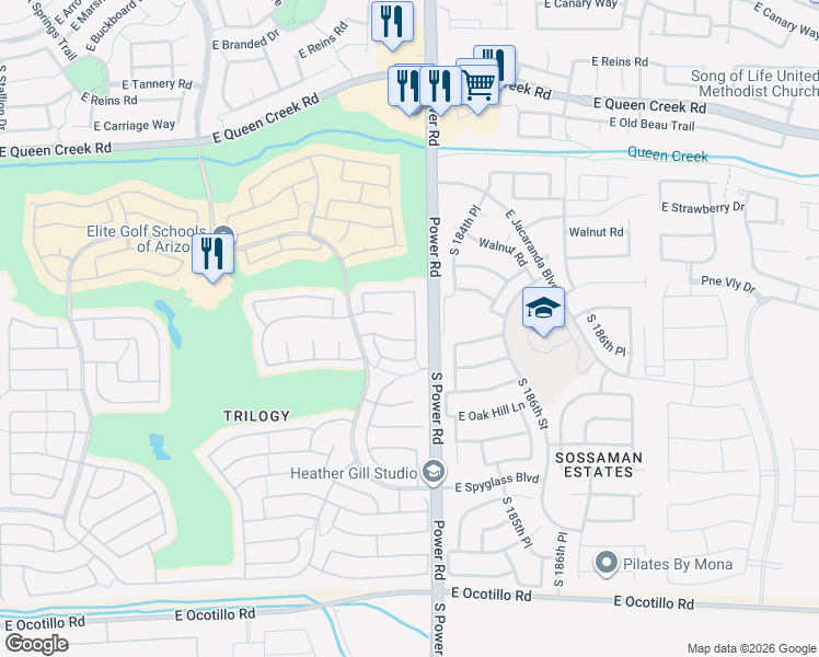 map of restaurants, bars, coffee shops, grocery stores, and more near 5090 South Ranger Trail in Gilbert