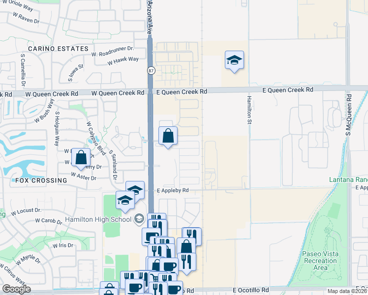 map of restaurants, bars, coffee shops, grocery stores, and more near 219 East Desert Broom Drive in Chandler