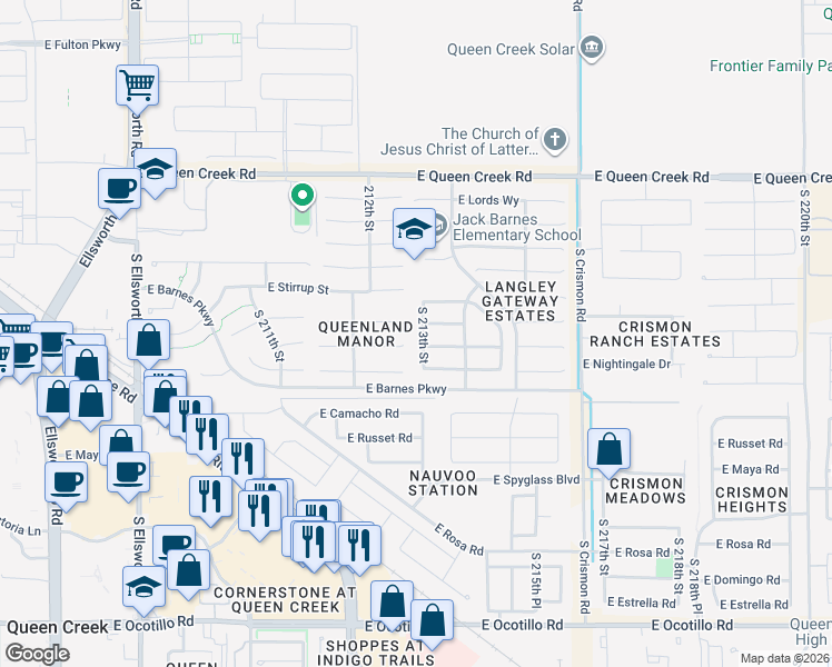 map of restaurants, bars, coffee shops, grocery stores, and more near 20966 South 213th Street in Queen Creek
