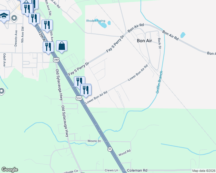 map of restaurants, bars, coffee shops, grocery stores, and more near 255 Lower Bon Air Road in Sylacauga