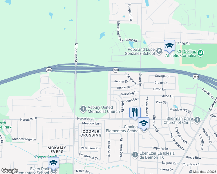 map of restaurants, bars, coffee shops, grocery stores, and more near 4019 Redstone Road in Denton