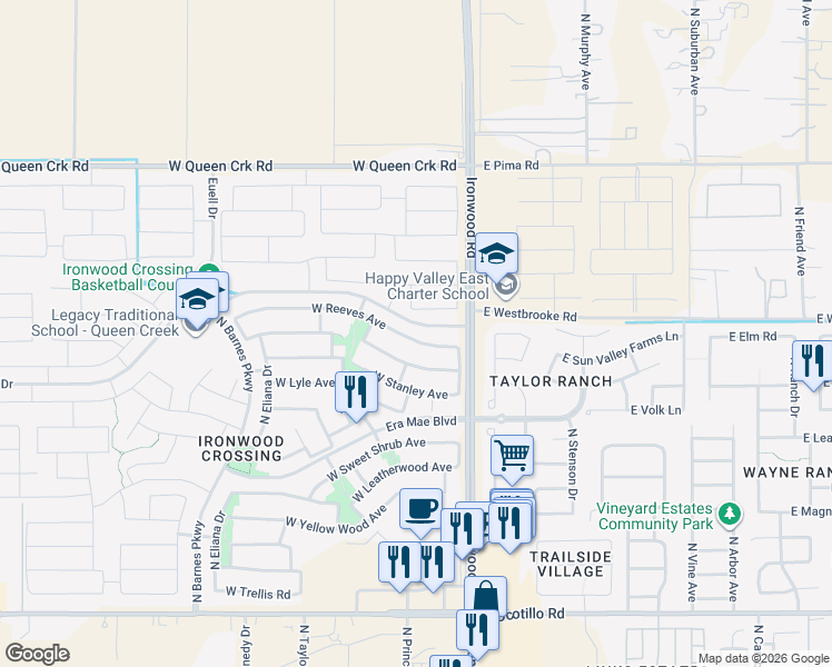 map of restaurants, bars, coffee shops, grocery stores, and more near 216 West Reeves Avenue in Queen Creek