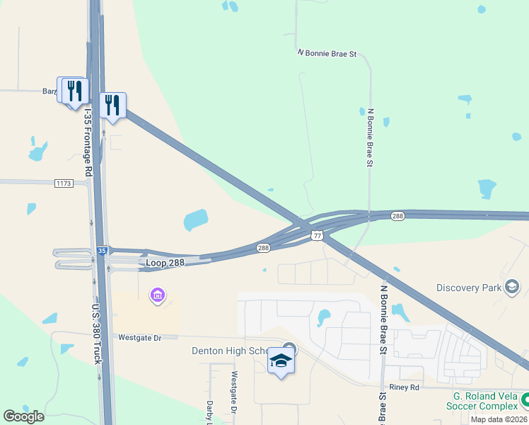 map of restaurants, bars, coffee shops, grocery stores, and more near 2500 North Loop 288 in Denton