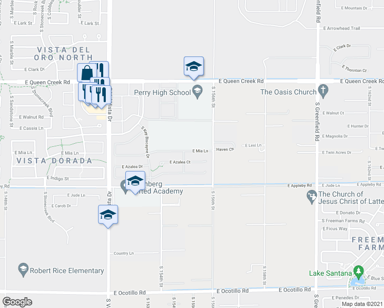 map of restaurants, bars, coffee shops, grocery stores, and more near 1925 East Mia Lane in Gilbert