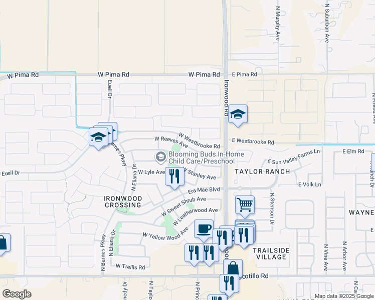 map of restaurants, bars, coffee shops, grocery stores, and more near 299 West Reeves Avenue in San Tan Valley