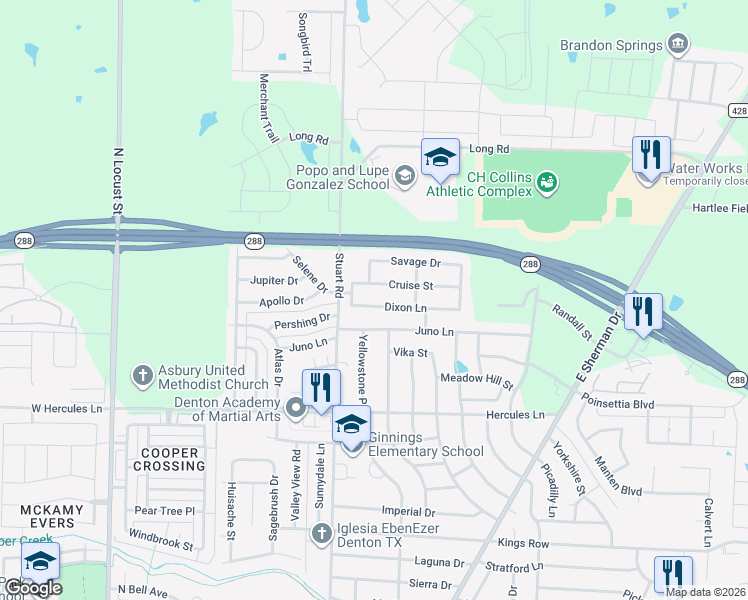 map of restaurants, bars, coffee shops, grocery stores, and more near 821 Dixon Ln in Denton