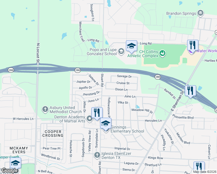 map of restaurants, bars, coffee shops, grocery stores, and more near 821 Dixon Lane in Denton