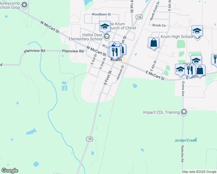 map of restaurants, bars, coffee shops, grocery stores, and more near in Krum