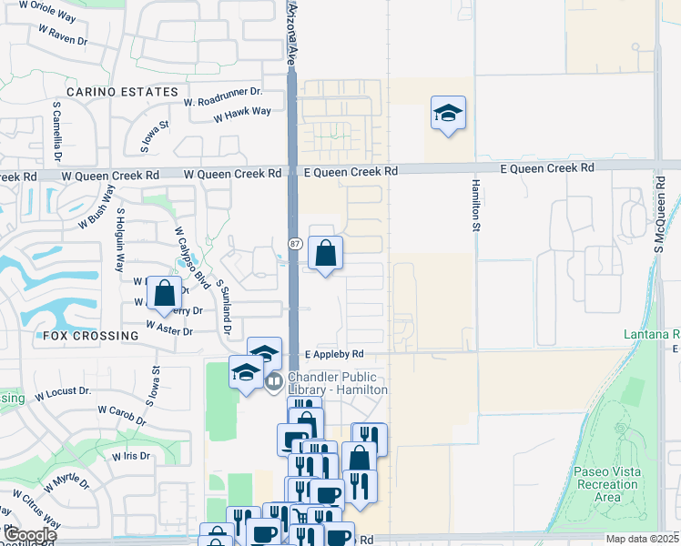 map of restaurants, bars, coffee shops, grocery stores, and more near 219 East Desert Broom Drive in Chandler