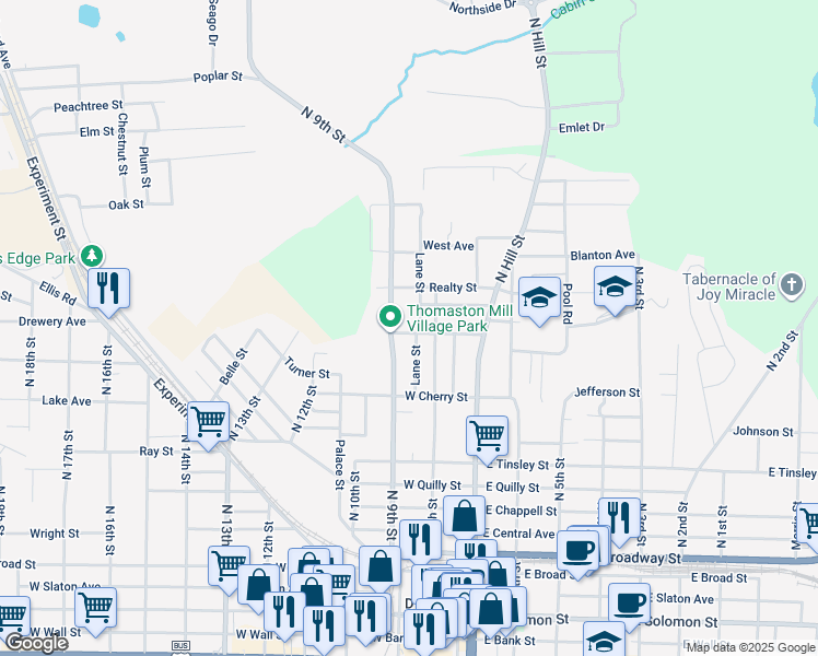 map of restaurants, bars, coffee shops, grocery stores, and more near 602 North 9th Street in Griffin