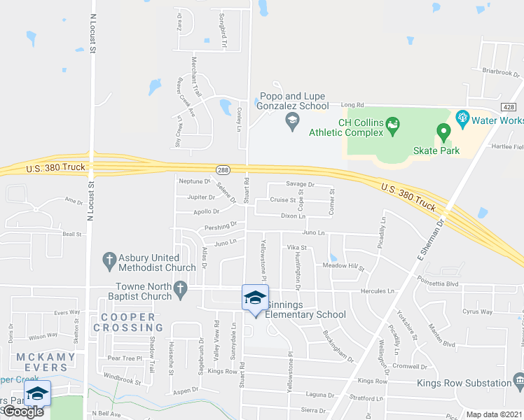 map of restaurants, bars, coffee shops, grocery stores, and more near 821 Dixon Lane in Denton