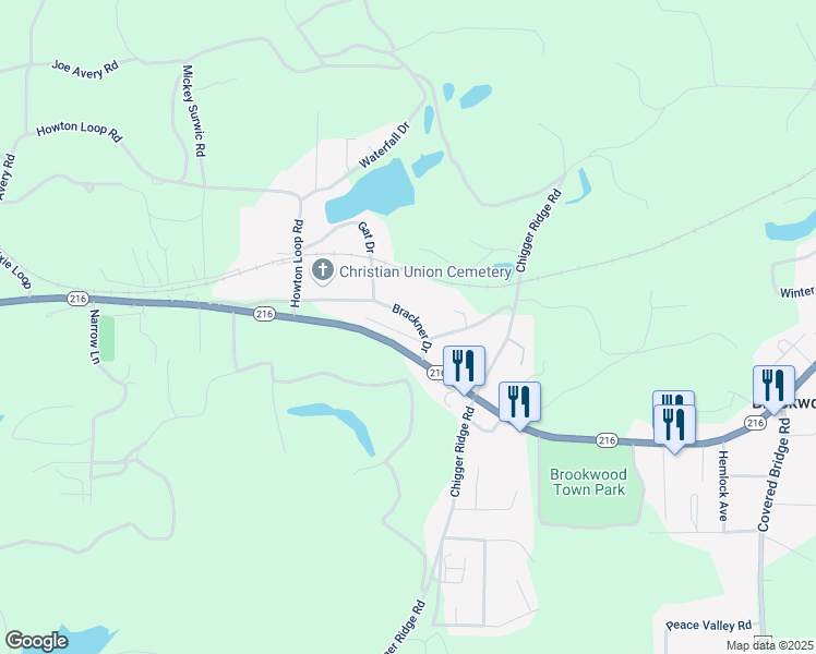 map of restaurants, bars, coffee shops, grocery stores, and more near 15494 Woodridge Lane in Brookwood