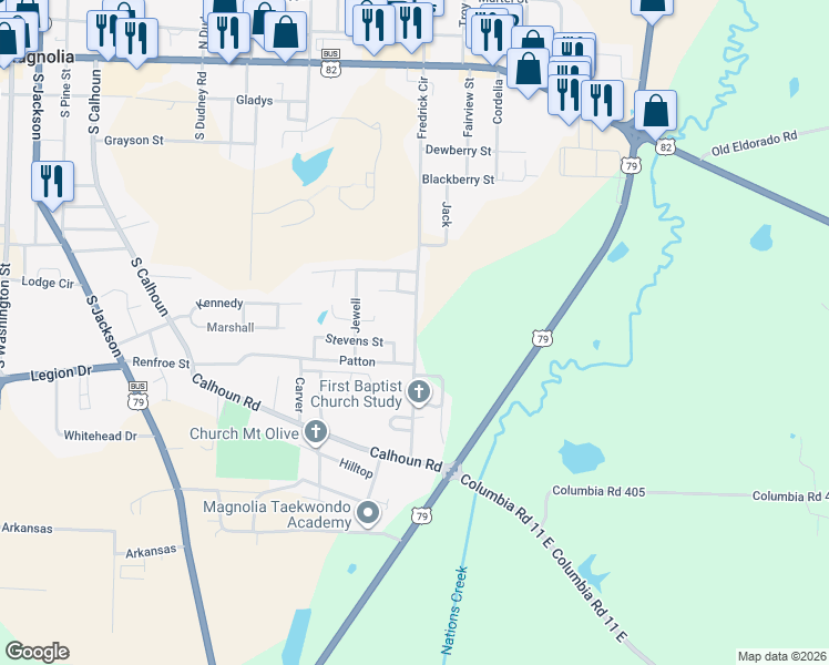 map of restaurants, bars, coffee shops, grocery stores, and more near 1105 South Fredrick in Magnolia