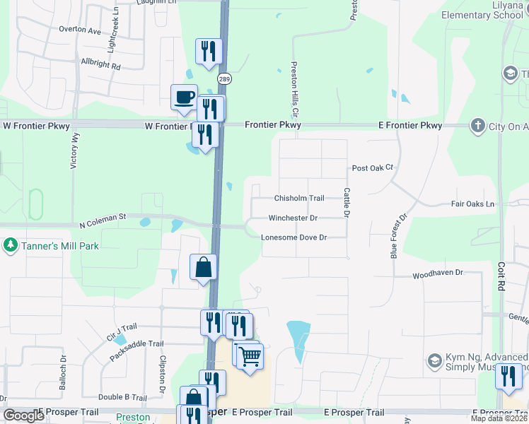 map of restaurants, bars, coffee shops, grocery stores, and more near 1521 Winchester Drive in Prosper