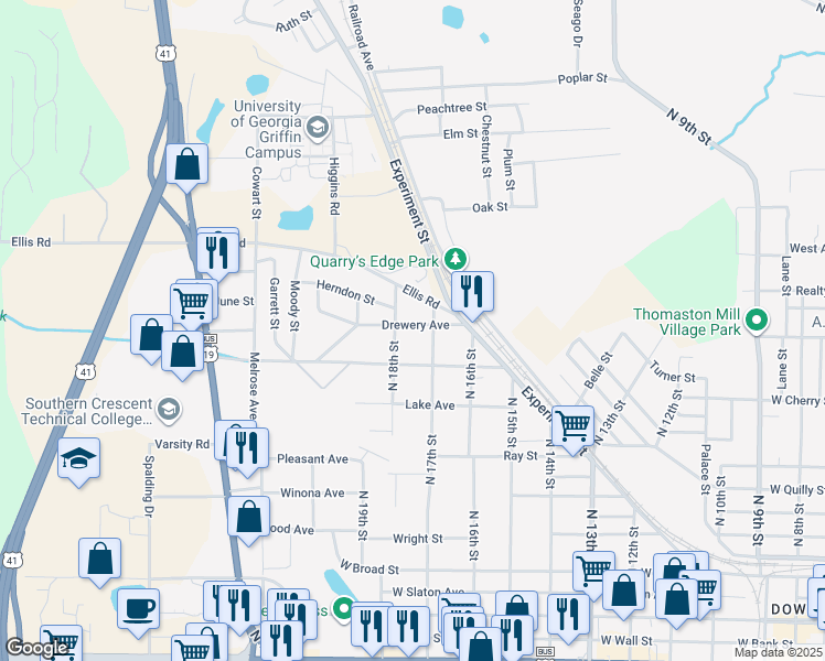 map of restaurants, bars, coffee shops, grocery stores, and more near 1124 Drewery Avenue in Griffin