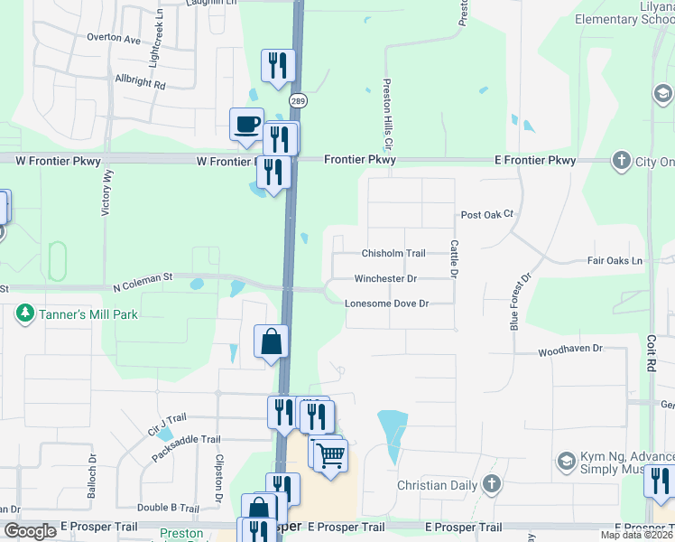 map of restaurants, bars, coffee shops, grocery stores, and more near 1521 Winchester Drive in Prosper