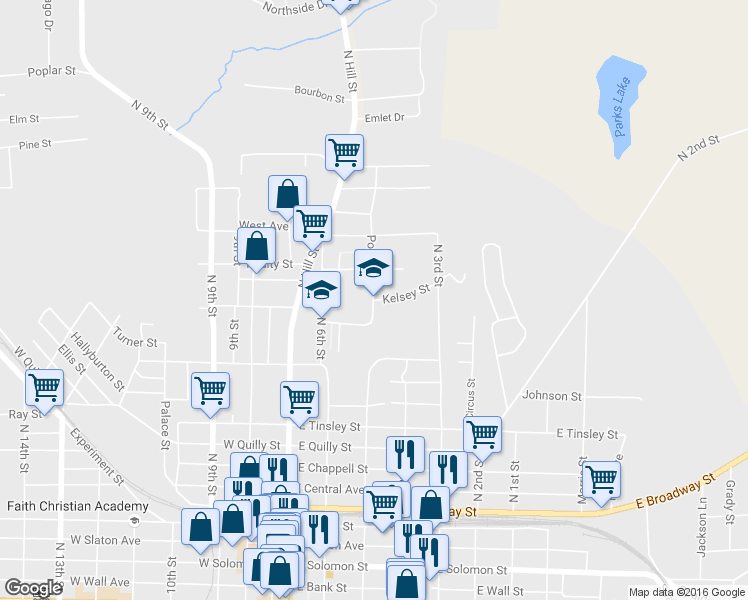 map of restaurants, bars, coffee shops, grocery stores, and more near 213 Kelsey Street in Griffin