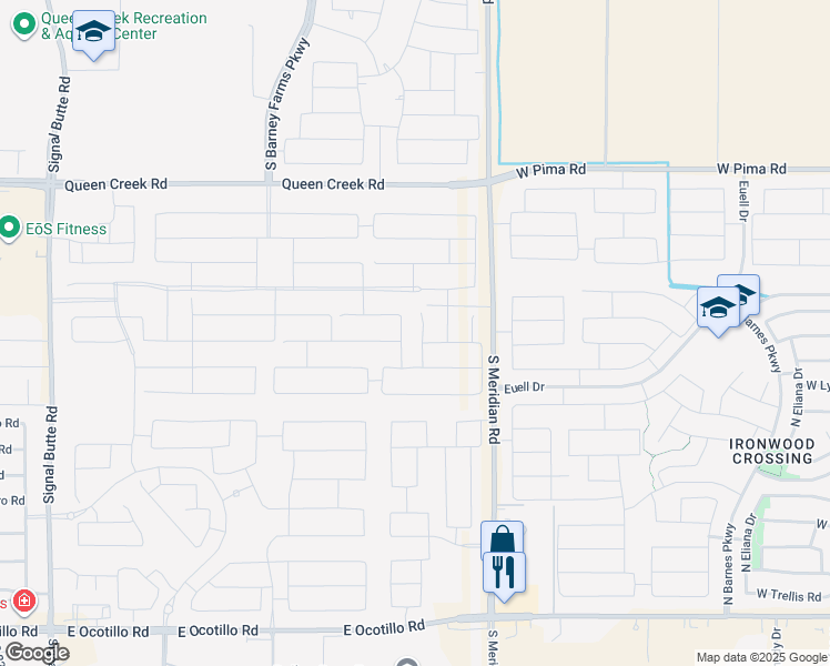 map of restaurants, bars, coffee shops, grocery stores, and more near 41665-41959 North Meridian Road in Queen Creek