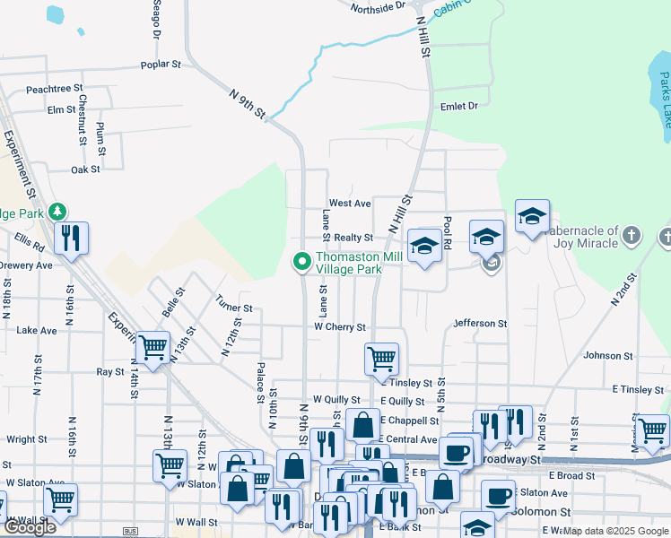map of restaurants, bars, coffee shops, grocery stores, and more near 203 Georgia Avenue in Griffin