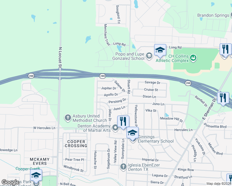 map of restaurants, bars, coffee shops, grocery stores, and more near 700 Apollo Drive in Denton