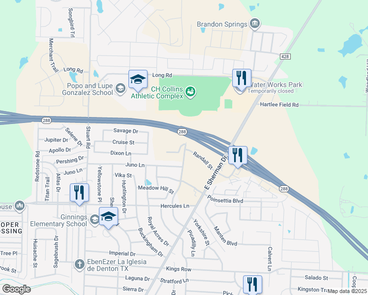map of restaurants, bars, coffee shops, grocery stores, and more near 4200 Stuart Road in Denton
