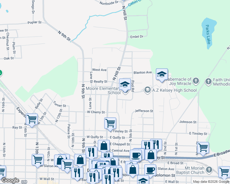 map of restaurants, bars, coffee shops, grocery stores, and more near 561 North 6th Street in Griffin