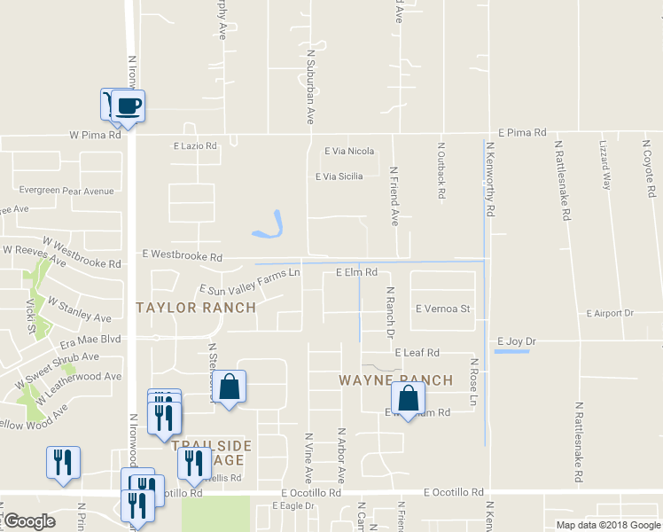 map of restaurants, bars, coffee shops, grocery stores, and more near 1116 East Elm Road in Queen Creek