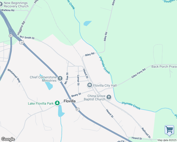 map of restaurants, bars, coffee shops, grocery stores, and more near 459 Railroad Street in Flovilla