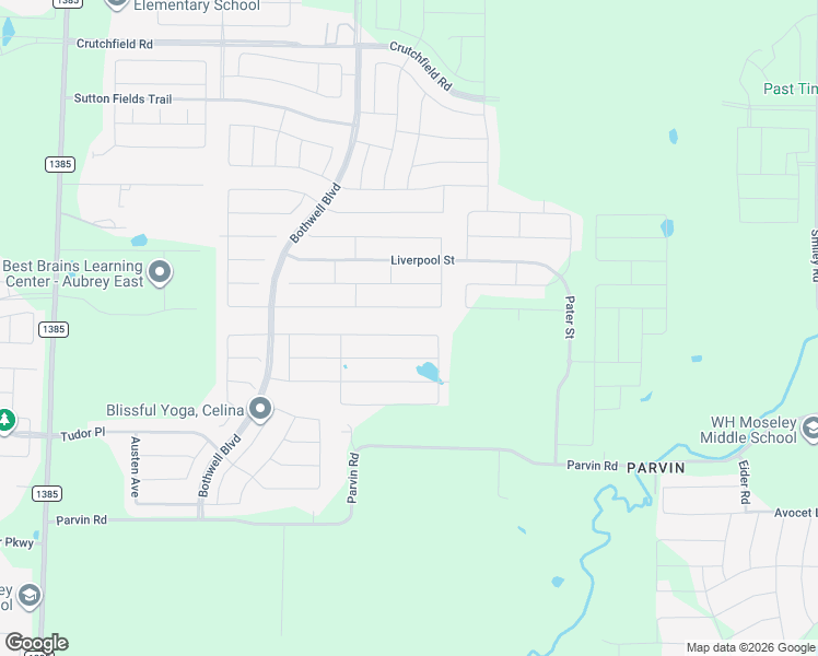 map of restaurants, bars, coffee shops, grocery stores, and more near 5900 Pensby Drive in Krugerville