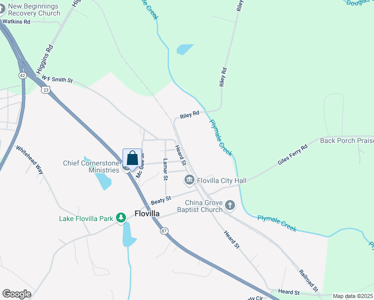 map of restaurants, bars, coffee shops, grocery stores, and more near 459 Railroad Street in Flovilla