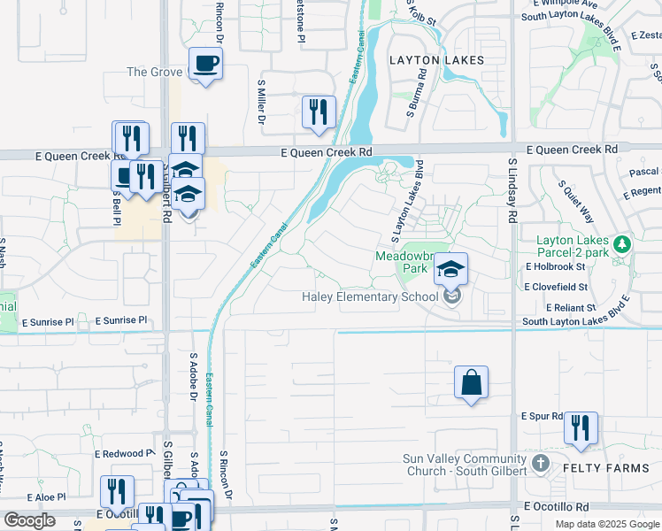 map of restaurants, bars, coffee shops, grocery stores, and more near 3517 East Balsam Drive in Chandler