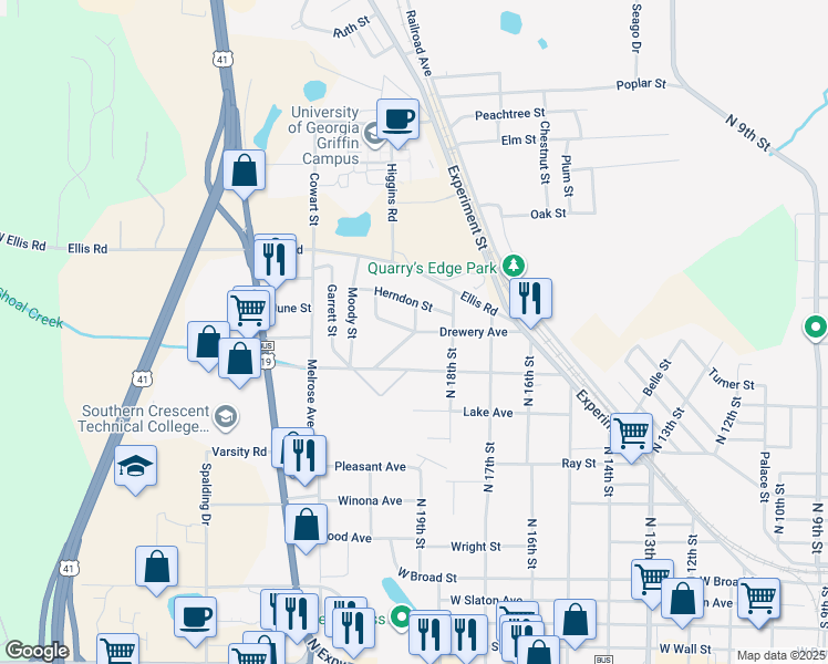 map of restaurants, bars, coffee shops, grocery stores, and more near 1324 Drewery Lane in Griffin