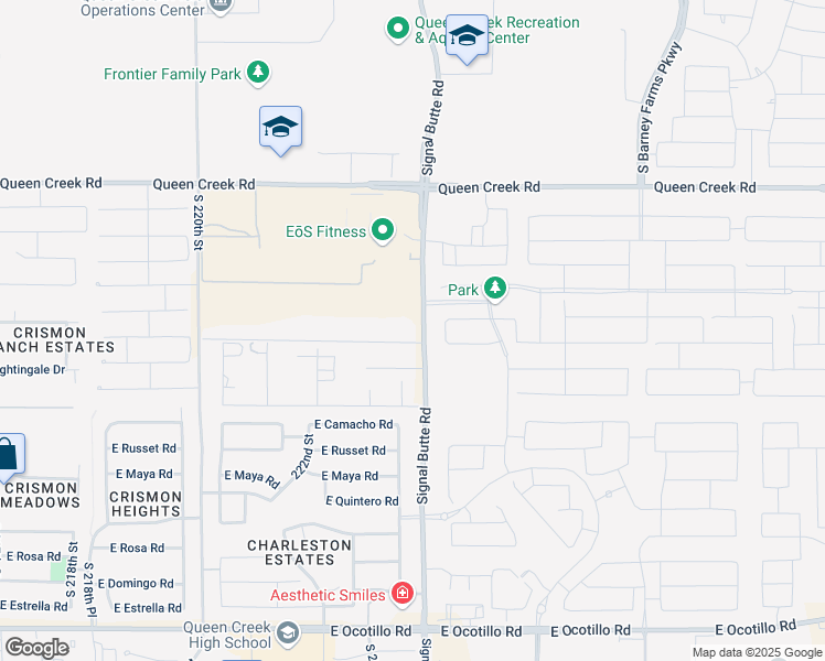 map of restaurants, bars, coffee shops, grocery stores, and more near 22344 East Alyssa Road in Queen Creek