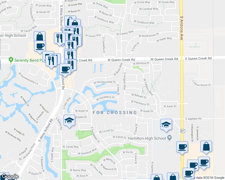 map of restaurants, bars, coffee shops, grocery stores, and more near 665 West Desert Broom Drive in Chandler