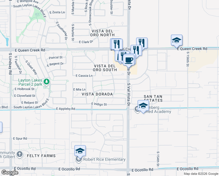 map of restaurants, bars, coffee shops, grocery stores, and more near 1476 East Mia Lane in Gilbert