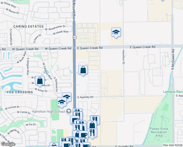 map of restaurants, bars, coffee shops, grocery stores, and more near 219 East Desert Broom Drive in Chandler