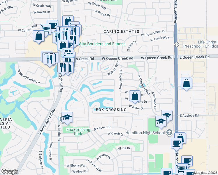 map of restaurants, bars, coffee shops, grocery stores, and more near 665 West Desert Broom Drive in Chandler
