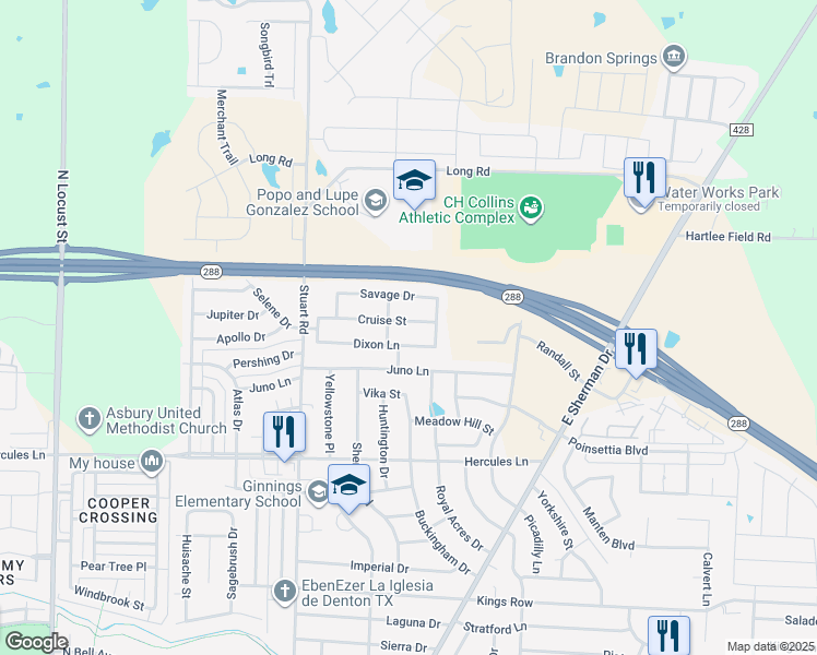 map of restaurants, bars, coffee shops, grocery stores, and more near 1012 Cruise Street in Denton