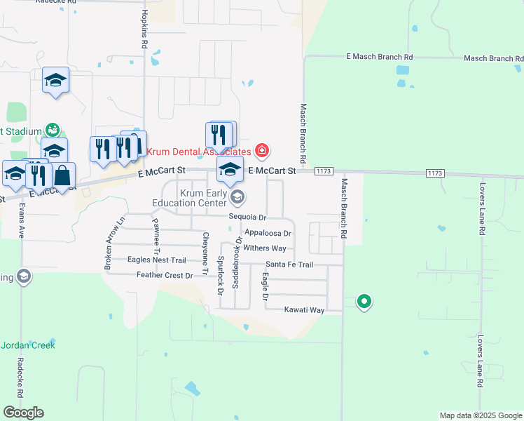 map of restaurants, bars, coffee shops, grocery stores, and more near 1610 Sequoia Drive in Krum