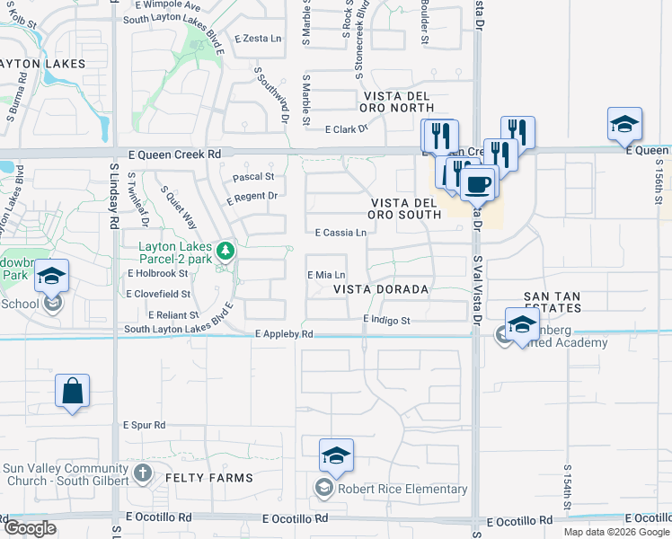 map of restaurants, bars, coffee shops, grocery stores, and more near 1293 East Mia Lane in Gilbert