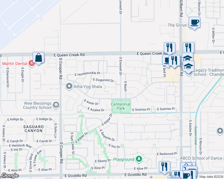 map of restaurants, bars, coffee shops, grocery stores, and more near 2436 East Balsam Drive in Chandler