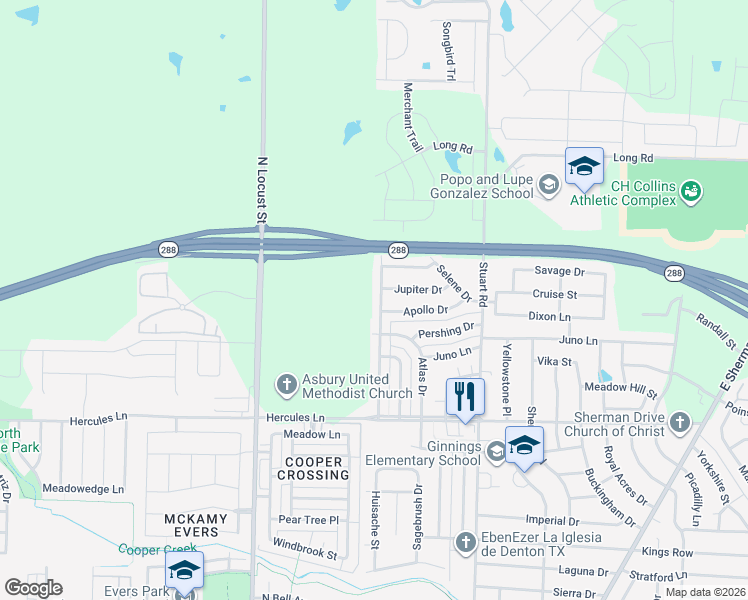map of restaurants, bars, coffee shops, grocery stores, and more near 4019 Redstone Road in Denton